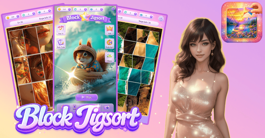 Block Jigsort 图片拼图游戏，展示拼图关卡和游戏画面